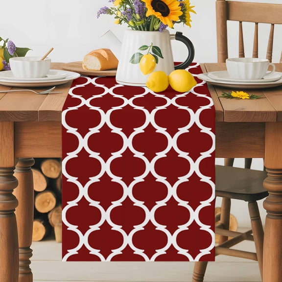 Kitchen Table Runner 70 Inches Long, Burgundy Red Moroccan Stripe Cotton Linen Table Runners for Dining Tables Home Holiday Party Wedding, Abstract Geometric Buffalo Plaid Tabletop Scarf