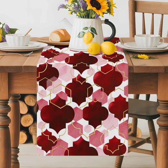 Kitchen Table Runner 70 Inches Long, Burgundy Red Moroccan Texture Cotton Linen Table Runners for Dining Tables Home Holiday Party Wedding, Retro Geometric Pattern Tabletop Scarf