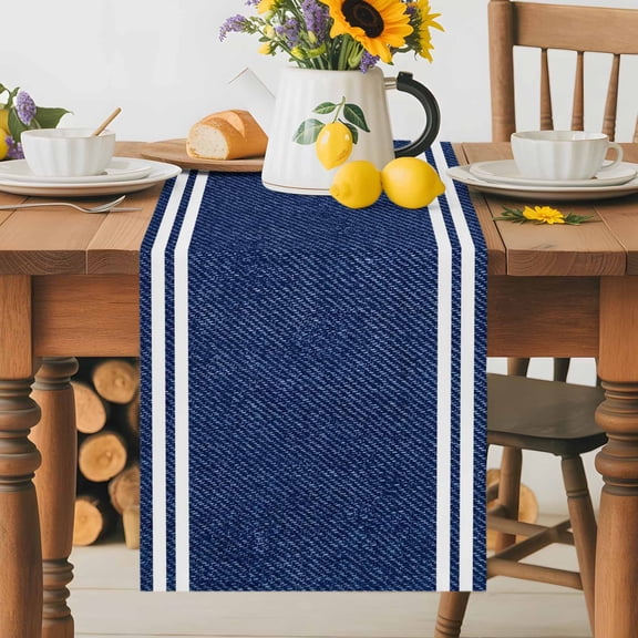 Kitchen Table Runner 70 Inches Long, Classic Denim Texture Navy Blue Cotton Linen Table Runners for Dining Tables Home Holiday Party Wedding, Modern Minimalist Stripes Tabletop Scarf