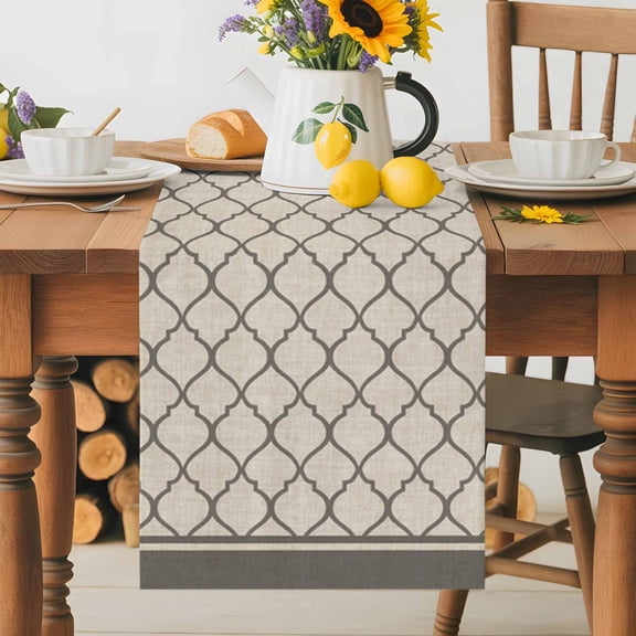 Kitchen Table Runner 70 Inches Long, Country Morocco Tile Geometric Pattern Cotton Linen Table Runners for Dining Tables Home Holiday Party Wedding, Vintage Brown Gray Tabletop Scarf