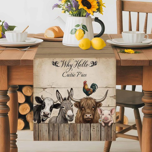 Kitchen Table Runner 70 Inches Long, Farm Cow Donkey Pig Rooster Cotton Linen Table Runners for Dining Tables Home Holiday Party Wedding, Retro Wood Fence Shabby Wall Tabletop Scarf