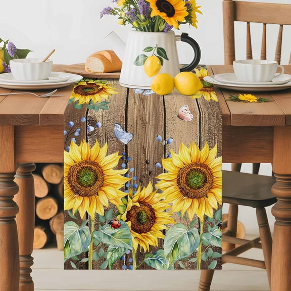 Kitchen Table Runner 70 Inches Long, Farm Sunflower Butterfly Ladybug Cotton Linen Table Runners for Dining Tables Home Holiday Party Wedding, Floral on Wood Board Tabletop Scarf