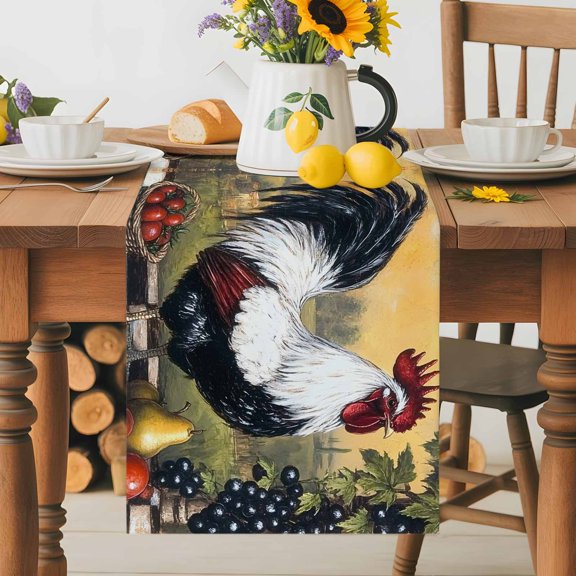 Kitchen Table Runner 70 Inches Long, Farmhouse Rooster Fruit Country Style Cotton Linen Table Runners for Dining Tables Home Holiday Party Wedding, Black White Checkered Tabletop Scarf