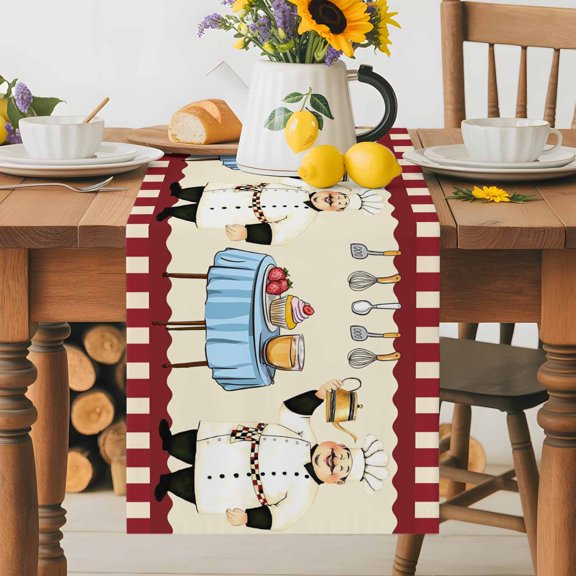 Kitchen Table Runner 70 Inches Long, Fun Chef Cutlery Gourmet Cotton Linen Table Runners for Dining Tables Home Holiday Party Wedding, Red Stripe Tabletop Scarf