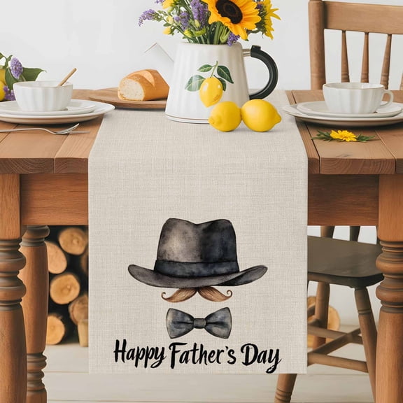 Kitchen Table Runner 70 Inches Long, Happy Father's Day Bow Tie Hat Cotton Linen Table Runners for Dining Tables Home Holiday Party Wedding, Watercolor Beard on Burlap Tabletop Scarf