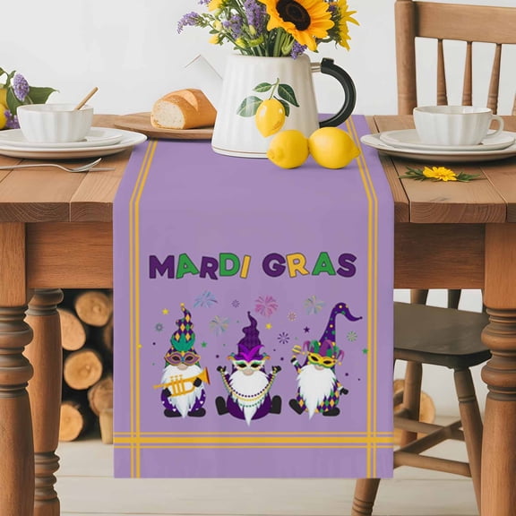 Kitchen Table Runner 70 Inches Long, Mardi Gras Cartoon Cute Dwarfs Cotton Linen Table Runners for Dining Tables Home Holiday Party Wedding, Purple Tabletop Scarf
