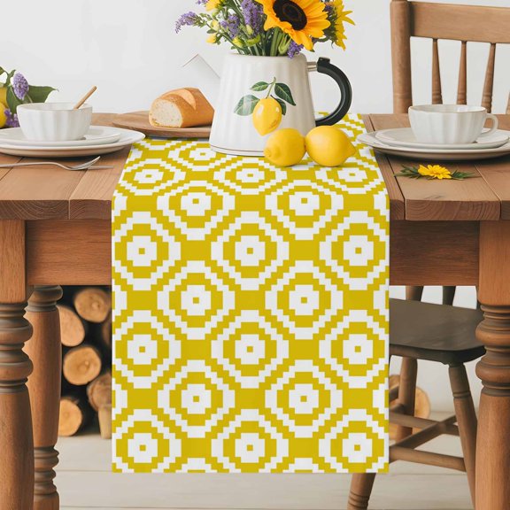 Kitchen Table Runner 70 Inches Long, Modern Abstract Square Yellow White Cotton Linen Table Runners for Dining Tables Home Holiday Party Wedding, Geometric Texture Tabletop Scarf