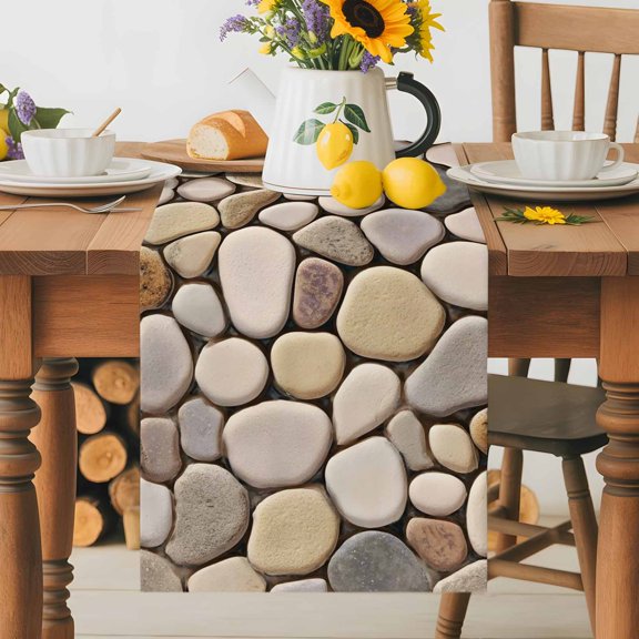 Kitchen Table Runner 70 Inches Long, Modern Cobblestone Texture Art Cotton Linen Table Runners for Dining Tables Home Holiday Party Wedding, Seamless Brown Pebble Stone Tabletop Scarf