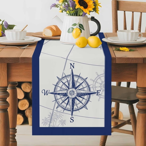 Kitchen Table Runner 70 Inches Long, Nautical Vintage Compass Rudder Cotton Linen Table Runners for Dining Tables Home Holiday Party Wedding, Blue Line on Map Tabletop Scarf