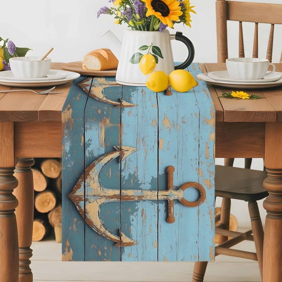 Kitchen Table Runner 70 Inches Long, Old Ship Anchor on Wood Grain Cotton Linen Table Runners for Dining Tables Home Holiday Party Wedding, Nautical Farm Blue Planks Tabletop Scarf