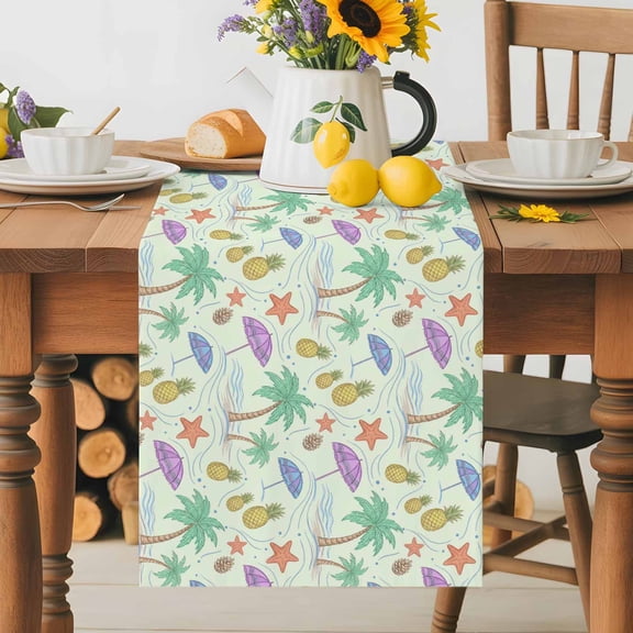 Kitchen Table Runner 70 Inches Long, Pineapple Starfish Coconut Tree Cotton Linen Table Runners for Dining Tables Home Holiday Party Wedding, Summer Seaside Ocean Theme Tabletop Scarf