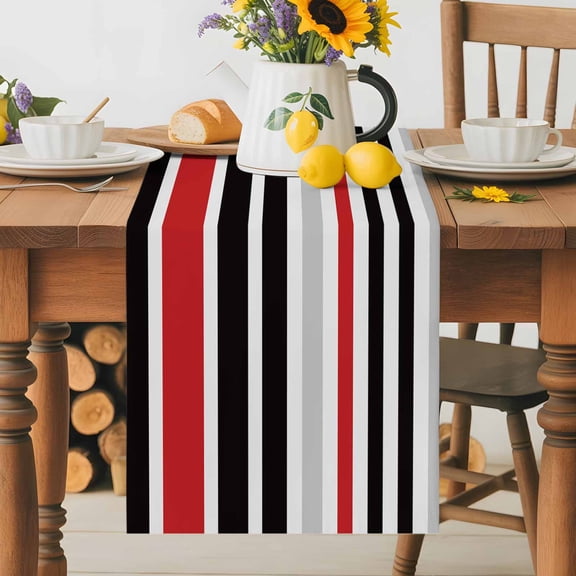 Kitchen Table Runner 70 Inches Long, Red Gray Stripes Color Block Cotton Linen Table Runners for Dining Tables Home Holiday Party Wedding, Black Geometric Lines Tabletop Scarf