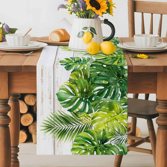 Kitchen Table Runner 70 Inches Long, Summer Green Palm Leaf Cotton Linen Table Runners for Dining Tables Home Holiday Party Wedding, Tropical Leaves Farmhouse Wood Board Tabletop Scarf