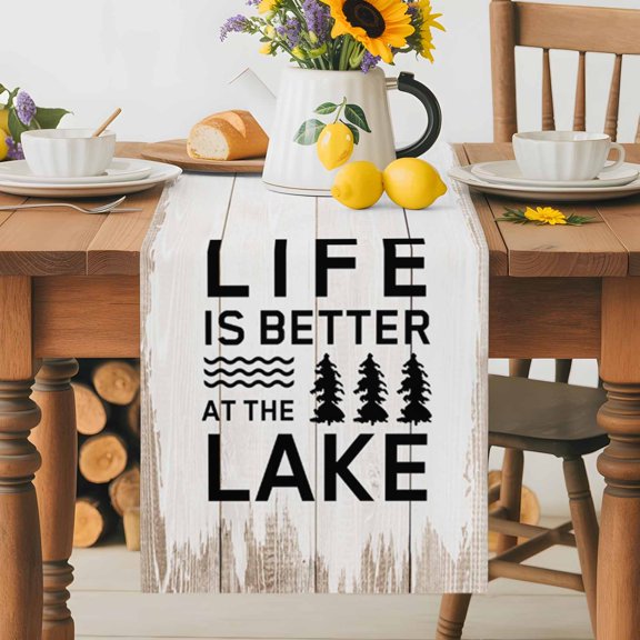 Kitchen Table Runner 70 Inches Long, Summer Quotes Lake and Forest Cotton Linen Table Runners for Dining Tables Home Holiday Party Wedding, Farm Wooden Frain Tabletop Scarf