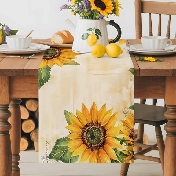 Kitchen Table Runner 70 Inches Long, Summer Sunflower Green Botanical Cotton Linen Table Runners for Dining Tables Home Holiday Party Wedding, Retro Letter Background Tabletop Scarf