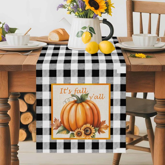 Kitchen Table Runner 70 Inches Long, Thanksgiving Orange Pumpkin Sunflower Cotton Linen Table Runners for Dining Tables Home Holiday Party Wedding, Fall Leaf Buffalo Plaid Tabletop Scarf