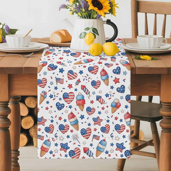 Kitchen Table Runner 70 Inches Long, USA Patriotic Ice Cream Cotton Linen Table Runners for Dining Tables Home Holiday Party Wedding, Seamless Heart Firecracker Pattern Tabletop Scarf