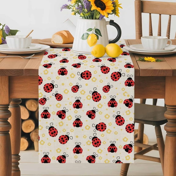 Kitchen Table Runner 70 Inches Long, Watercolor Ladybug on Burlap Cotton Linen Table Runners for Dining Tables Home Holiday Party Wedding, Spring Daisy Flower Insects Tabletop Scarf