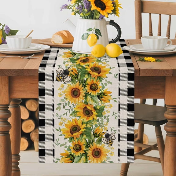 Kitchen Table Runner 70 Inches Long, Watercolor Sunflower Bee Green Leaves Cotton Linen Table Runners for Dining Tables Home Holiday Party Wedding, Black Buffalo Plaid Tabletop Scarf