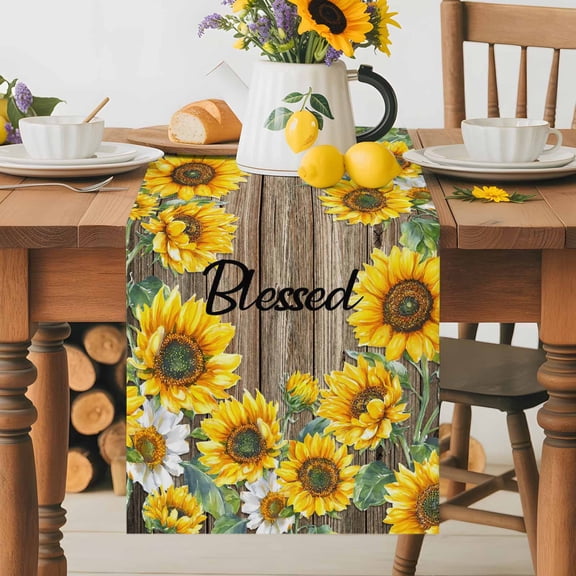 Kitchen Table Runner 70 Inches Long, Watercolor Sunflower Blessed Quote Cotton Linen Table Runners for Dining Tables Home Holiday Party Wedding, Farm Brown Wood Board Tabletop Scarf