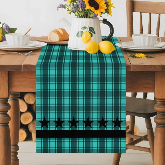 Kitchen Table Runner 70 Inches Long, Western Star Buffalo Check Plaid Cotton Linen Table Runners for Dining Tables Home Holiday Party Wedding, Green Black Checker Tabletop Scarf