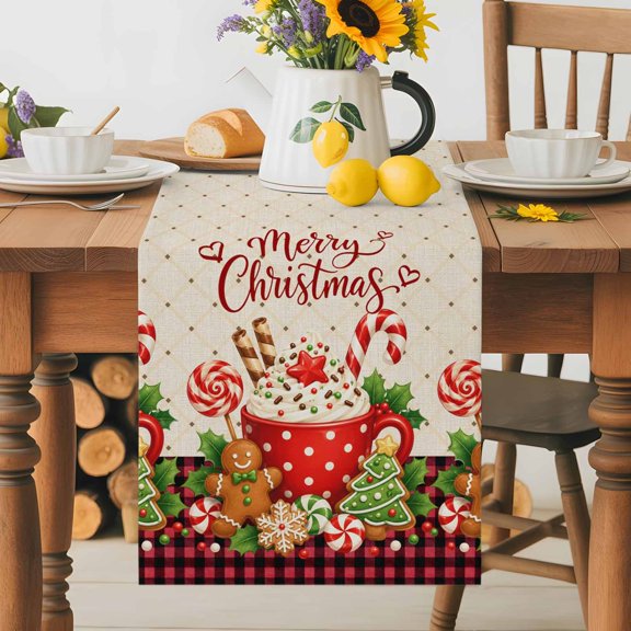 Kitchen Table Runner 72 Inches Long, Christmas Candy Coffee Cookies Cotton Linen Table Runners for Dining Tables Home Holiday Party Wedding, Pine Tree Merry Christmas Tabletop Scarf