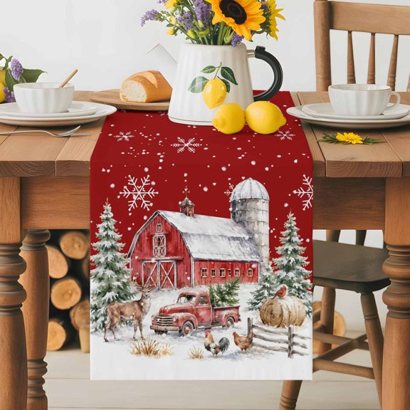 Kitchen Table Runner 72 Inches Long, Christmas Tree Farm Truck Cotton Linen Table Runners for Dining Tables Home Holiday Party Wedding, Winter Snowflakes Red Tabletop Scarf