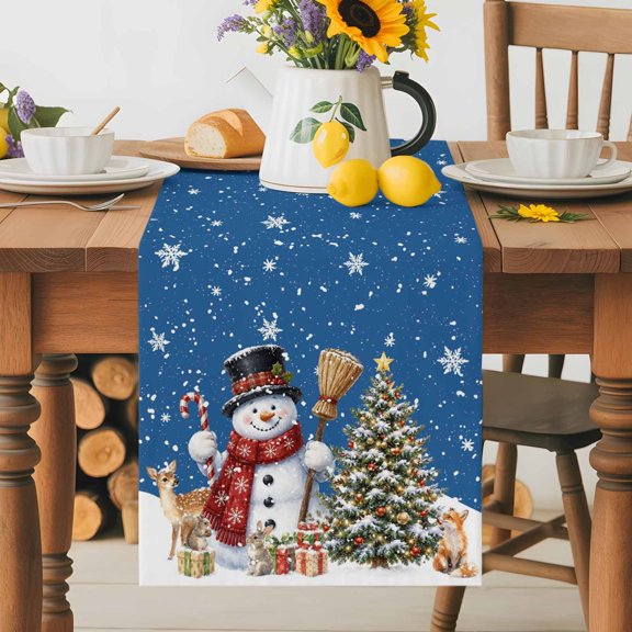 Kitchen Table Runner 72 Inches Long, Christmas Tree Snowman Deer Cotton Linen Table Runners for Dining Tables Home Holiday Party Wedding, Winter Snowflake on Blue Tabletop Scarf