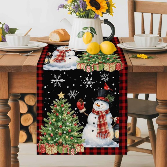 Kitchen Table Runner 72 Inches Long, Christmas Tree Snowman Red Bird Cotton Linen Table Runners for Dining Tables Home Holiday Party Wedding, Winter Snowflake Buffalo Check Tabletop Scarf