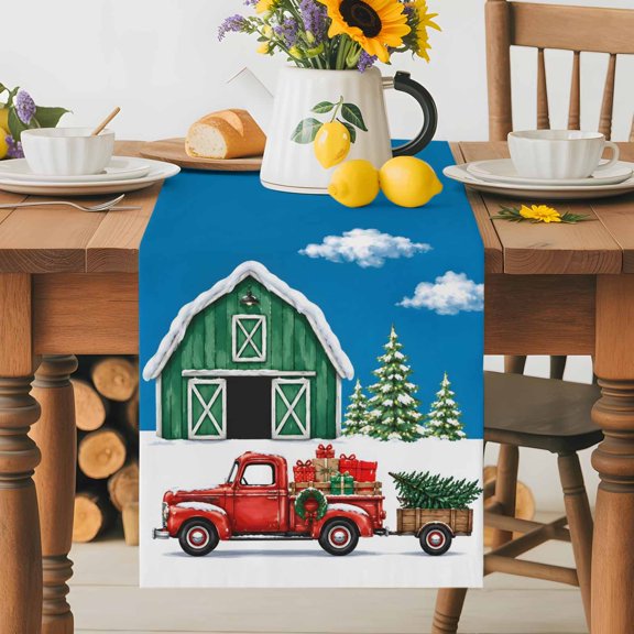 Kitchen Table Runner 72 Inches Long, Farmhouse Red Truck Green Bard Cotton Linen Table Runners for Dining Tables Home Holiday Party Wedding, Christmas Tree Sky Cloud Tabletop Scarf