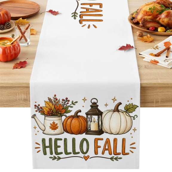 Kitchen Table Runner 72 Inches Long, Hello Fall Words Pumpkin Cotton Linen Table Runners for Dining Tables Home Holiday Party Wedding, Autumn Maple Leaves Candle Tabletop Scarf