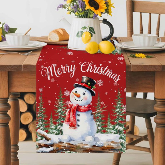 Kitchen Table Runner 72 Inches Long, Merry Christmas Tree Snowman Red Cotton Linen Table Runners for Dining Tables Home Holiday Party Wedding, Winter Snow Seamless Tabletop Scarf