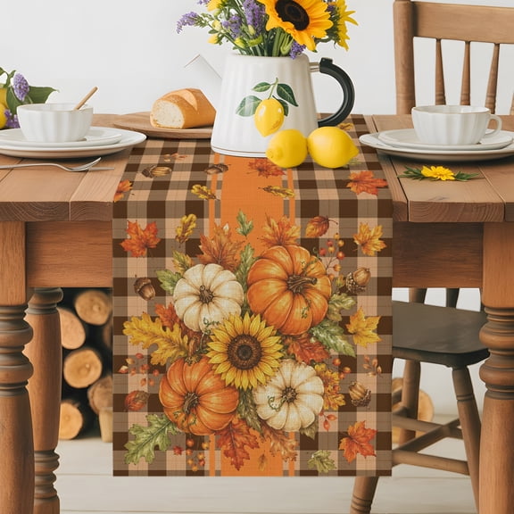 Kitchen Table Runner 72 Inches Long, Thanksgiving Fall Pumpkins Cotton Linen Table Runners for Dining Tables Home Holiday Party Wedding, Retro Black White Plaid Tabletop Scarf