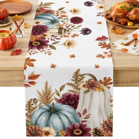 Kitchen Table Runner 72 Inches Long, Thanksgiving Pumpkin Fallen Leaf Cotton Linen Table Runners for Dining Tables Home Holiday Party Wedding, Fall Farmhouse Flower Plant Tabletop Scarf