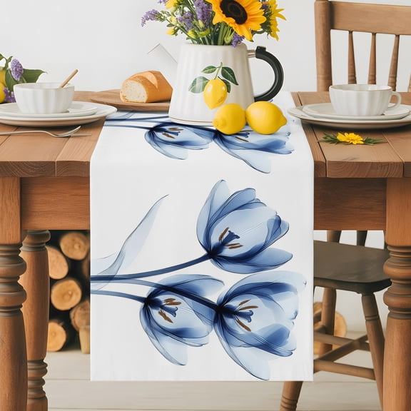 Kitchen Table Runner 72 Inches Long, Watercolor Blue Flower Tulip Cotton Linen Table Runners for Dining Tables Home Holiday Party Wedding, Abstract Country Floral Tabletop Scarf