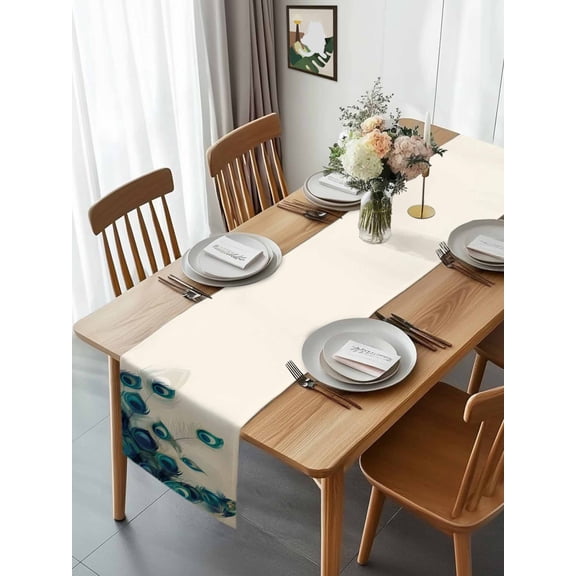 Kitchen Table Runner 90 Inches Long, Abstract Peacock Feather Cotton Linen Table Runners for Dining Tables Home Holiday Party Wedding, Realistic Animal Texture Tabletop Scarf