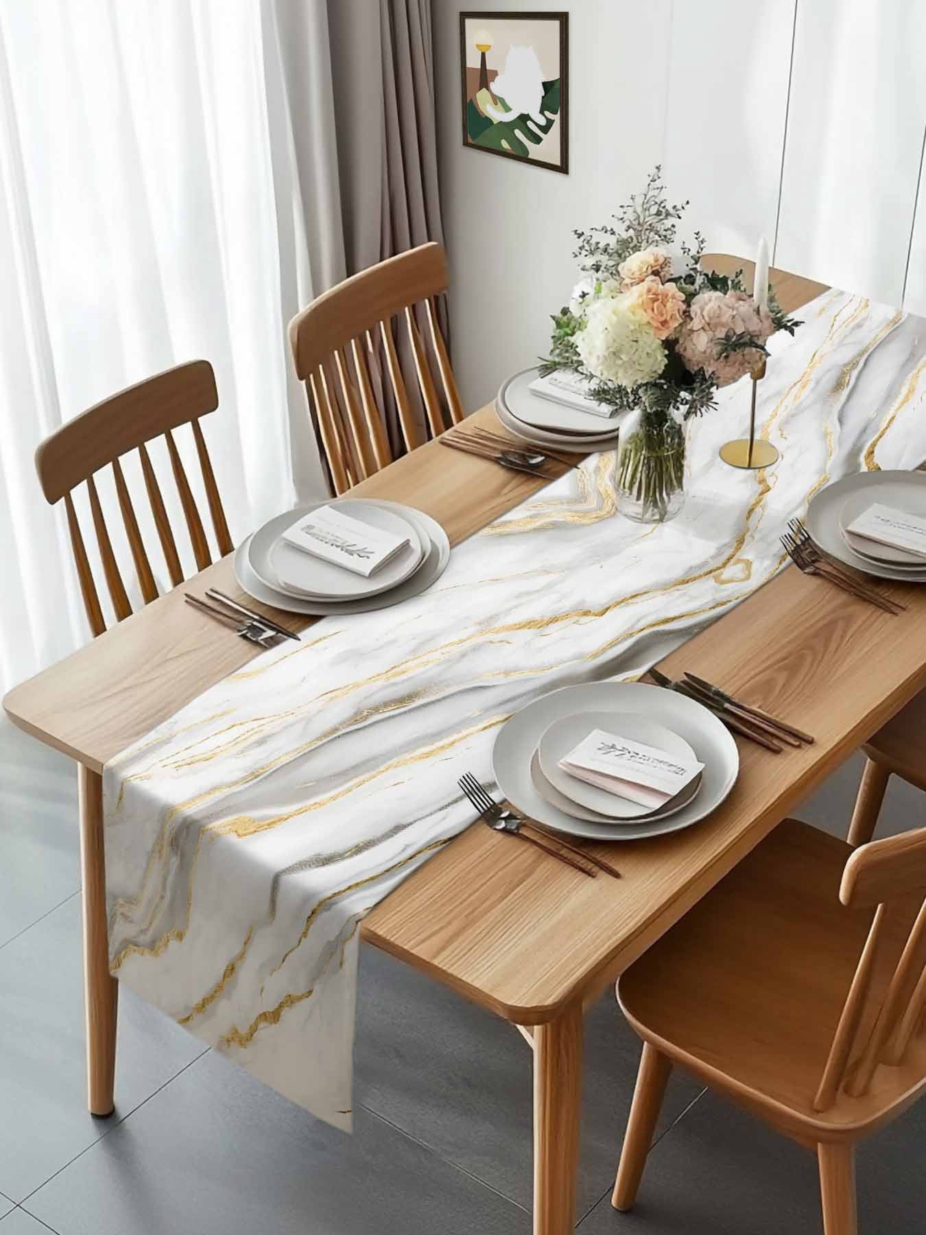 Kitchen Table Runner 90 Inches Long, Abstract White Marble Texture Cotton Linen Table Runners for Dining Tables Home Holiday Party Wedding, Retro Golden Veins Seamless Tabletop Scarf