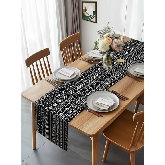 Kitchen Table Runner 90 Inches Long, Africa Traditional Ethnicity Pattern Cotton Linen Table Runners for Dining Tables Home Holiday Party Wedding, Abstract Geometric Art Tabletop Scarf