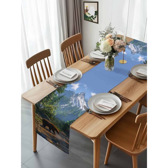 Kitchen Table Runner 90 Inches Long, Bear Forest Mountains River Cotton Linen Table Runners for Dining Tables Home Holiday Party Wedding, Natural Scenery Tabletop Scarf