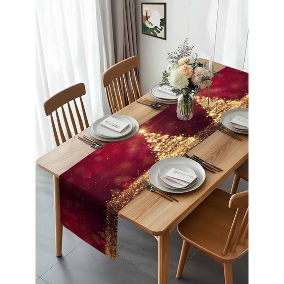 Kitchen Table Runner 90 Inches Long, Christmas Tree Sparkle Star Cotton Linen Table Runners for Dining Tables Home Holiday Party Wedding, Gold Xmas Trees Burgundy Red Tabletop Scarf