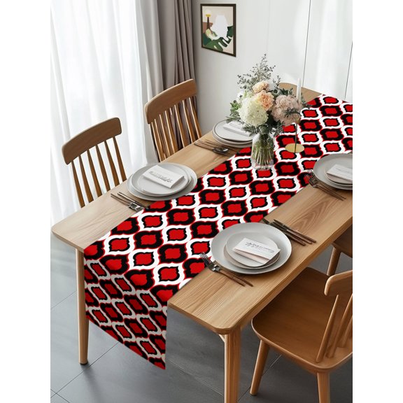 Kitchen Table Runner 90 Inches Long, Classic Moroccan Pattern Cotton Linen Table Runners for Dining Tables Home Holiday Party Wedding, Red Geometric Plaid Tabletop Scarf