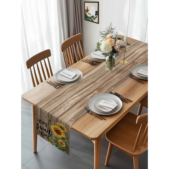 Kitchen Table Runner 90 Inches Long, Country Sunflower Bee Green Leaves Cotton Linen Table Runners for Dining Tables Home Holiday Party Wedding, Farm Retro Wood Board Tabletop Scarf