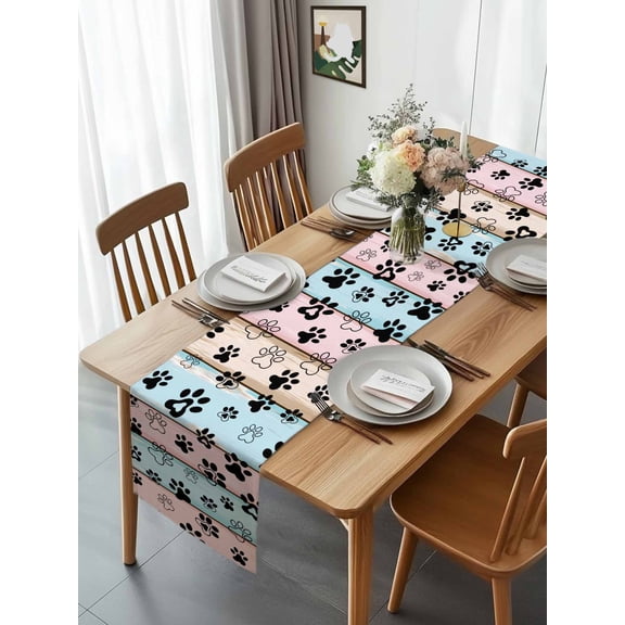 Kitchen Table Runner 90 Inches Long, Dog Paw Farm Colorful Wood Board Cotton Linen Table Runners for Dining Tables Home Holiday Party Wedding, Funny Animal Footprint Tabletop Scarf