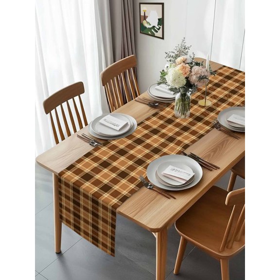Kitchen Table Runner 90 Inches Long, Fall Brown Buffalo Plaid Cotton Linen Table Runners for Dining Tables Home Holiday Party Wedding, Rustic Retro Checker Lattice Tabletop Scarf
