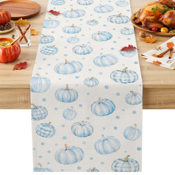 Kitchen Table Runner 90 Inches Long, Fall Thanksgiving Pumpkin Seamless Cotton Linen Table Runners for Dining Tables Home Holiday Party Wedding, Blue Dot Tabletop Scarf