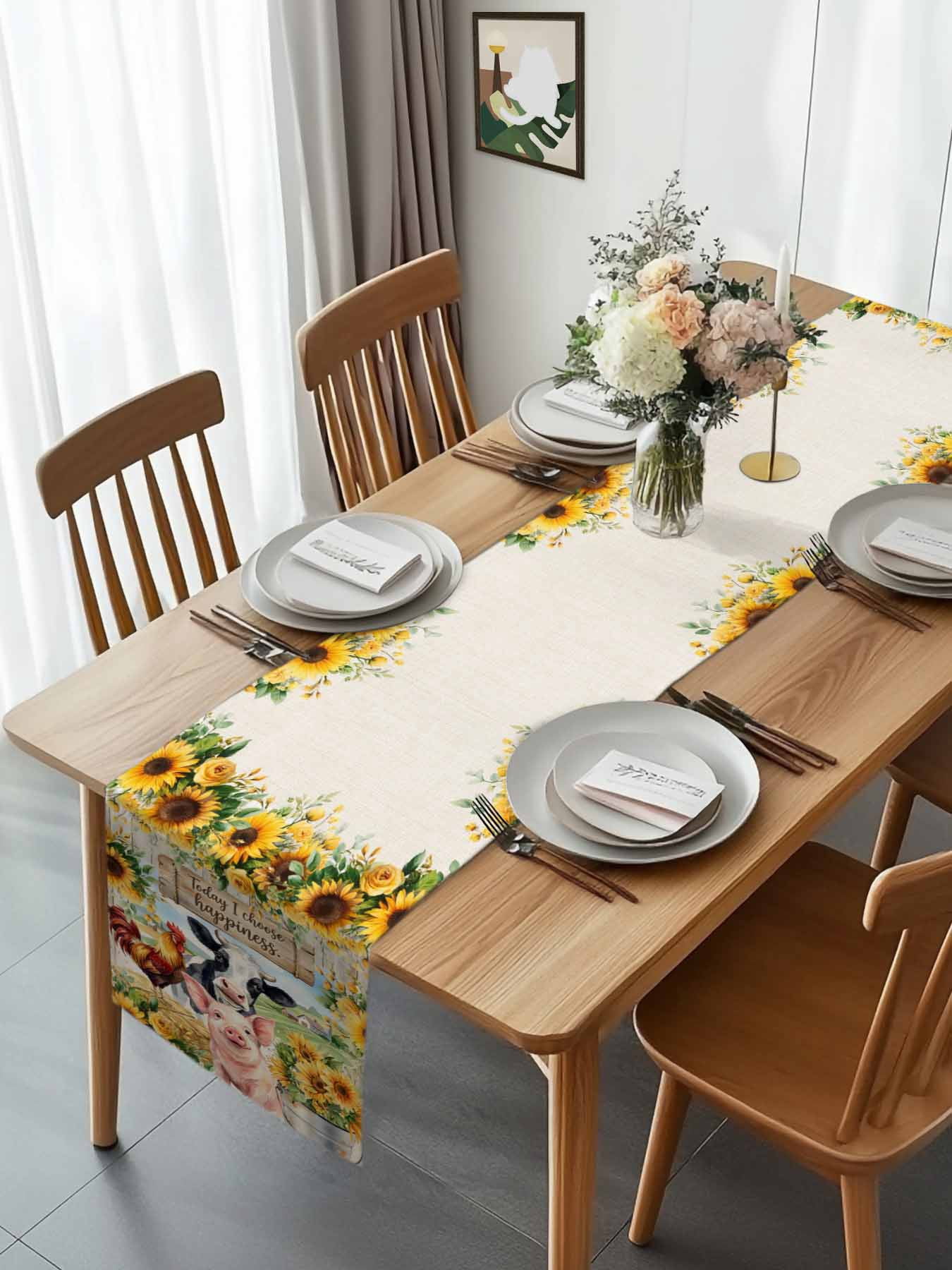 Kitchen Table Runner 90 Inches Long, Farm Cow Rooster Pig Sunflower Cotton Linen Table Runners for Dining Tables Home Holiday Party Wedding, Rustic Animals Wood Barn Tabletop Scarf