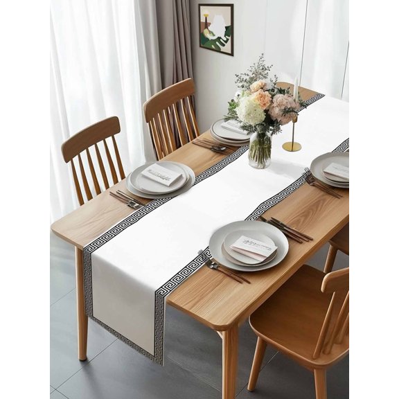 Kitchen Table Runner 90 Inches Long, Greek Meander Border Inspired Key Cotton Linen Table Runners for Dining Tables Home Holiday Party Wedding, Abstract Twist Stripe on White Tabletop Scarf