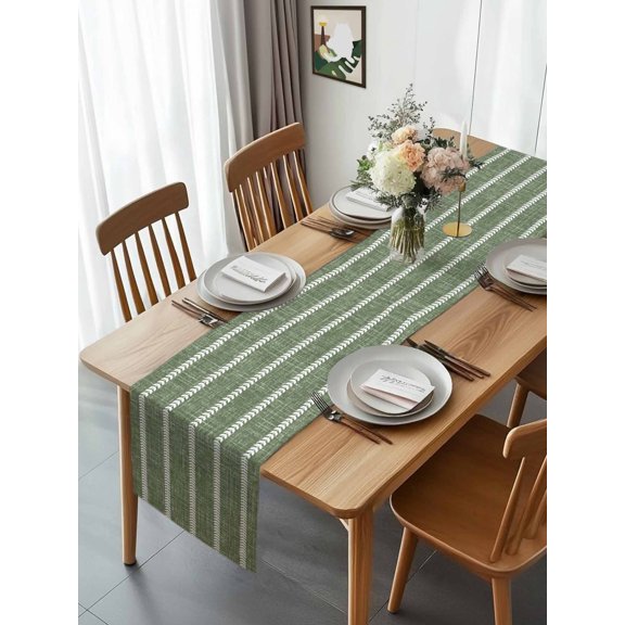 Kitchen Table Runner 90 Inches Long, Green Boho Stripe Light Linen Cotton Linen Table Runners for Dining Tables Home Holiday Party Wedding, Retro Farmhouse Lines Tabletop Scarf