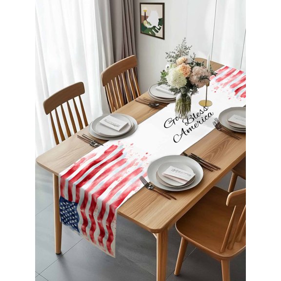 Kitchen Table Runner 90 Inches Long, Independence Day USA Flag God Bless Cotton Linen Table Runners for Dining Tables Home Holiday Party Wedding, Stars and Stripes Tabletop Scarf