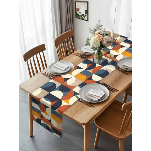 Kitchen Table Runner 90 Inches Long, Mid Century Color Block Circle Abstract Geometric Cotton Linen Table Runners for Dining Tables Home Holiday Party Wedding, Retro Nordic Style Tabletop Scarf